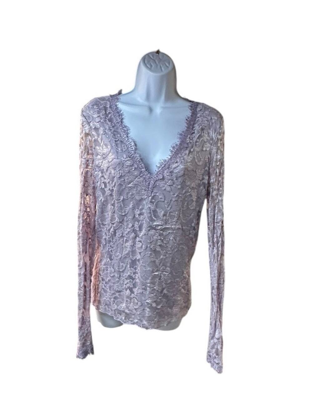 Moda International Lace Sheer V Neck Long Sleeve Top Lilac Y2K Boho Large